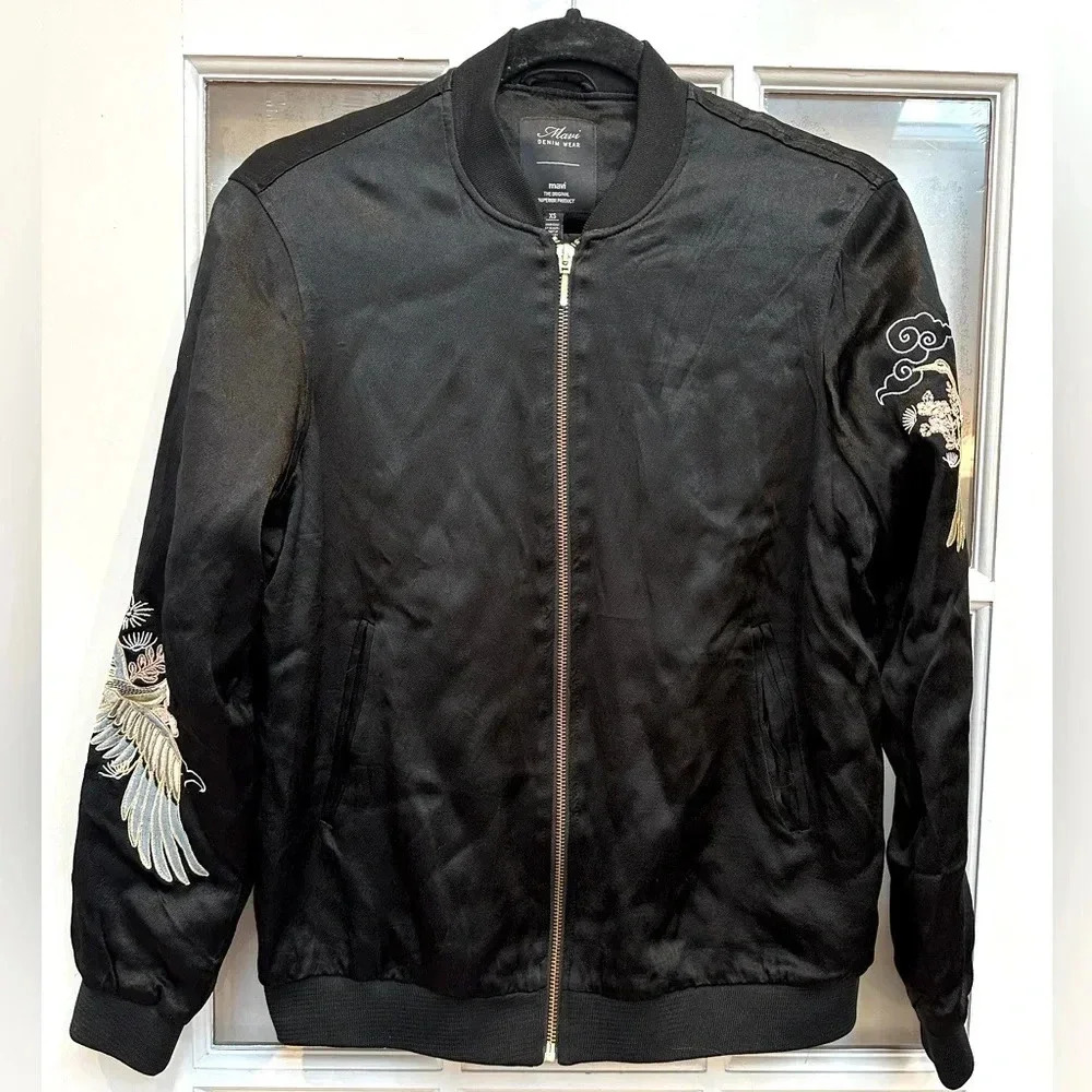Mavi Denim Wear Black Stork Bird Embroidered Zip Front Jacket Size XS